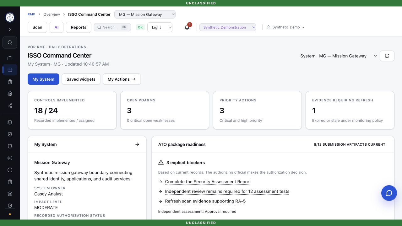 VOR RMF ISSO Command Center with control metrics, package readiness, and lifecycle progress.